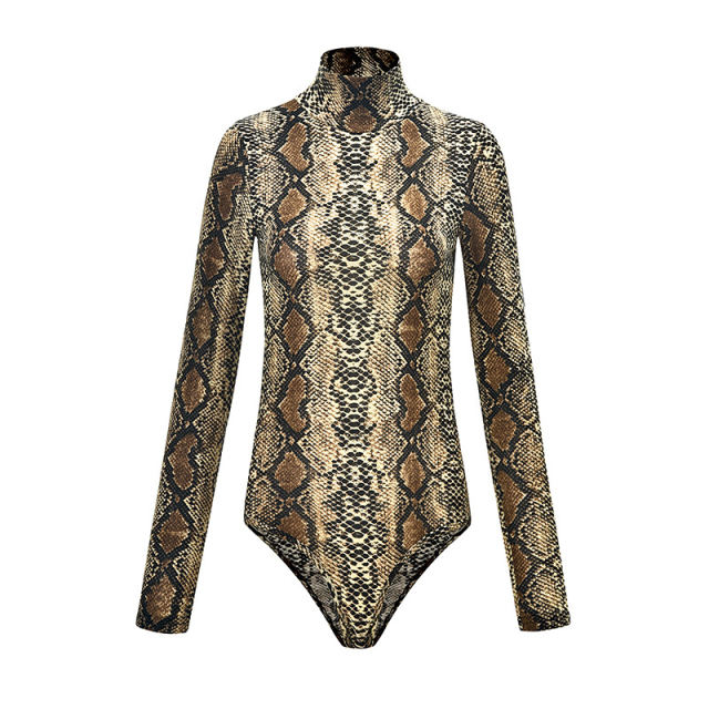 Brown Snake Print Turtleneck Bodysuit TQK00228-17