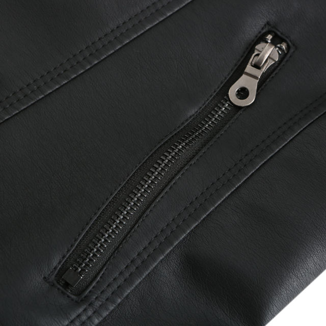 Black Slim Fit Stand Collar PU Motorcycle Jacket TQK280091-2