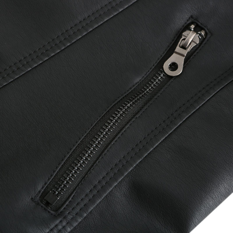 Black Slim Fit Stand Collar PU Motorcycle Jacket TQK280091-2