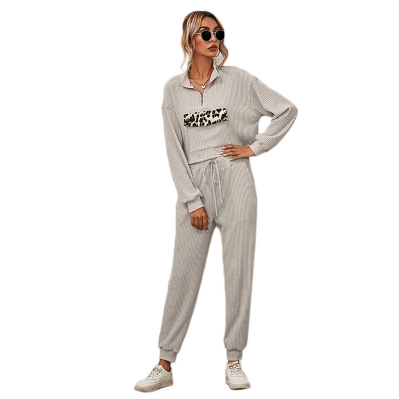 Light Gray Zipper Up Leopard Detail Sweatshirt with Pant Set TQK710222-25