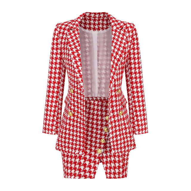 Red Plaid Print Blazer and Button Split Skirt Set TQF711046-3