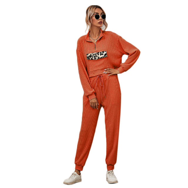 Orange Zipper Up Leopard Detail Sweatshirt with Pant Set TQK710222-14