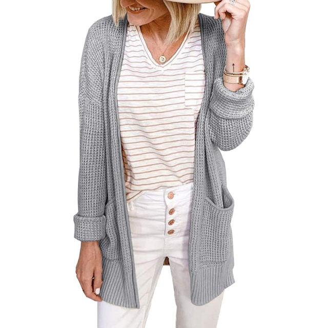 Gray Waffle Knit Cardigan with Pockets TQK271081-11
