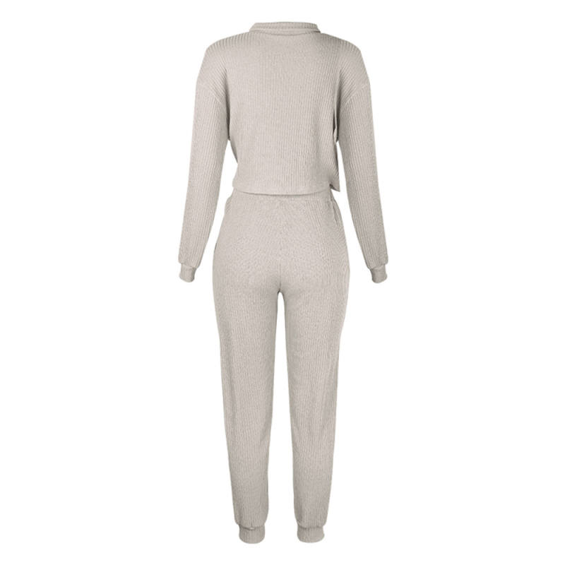 Light Gray Zipper Up Leopard Detail Sweatshirt with Pant Set TQK710222-25