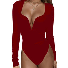 Wine Red Deep V Long Sleeve Bodysuit TQK550156-103