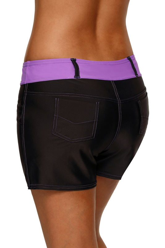 Purple Waistband Faux Denim Sports Shorts