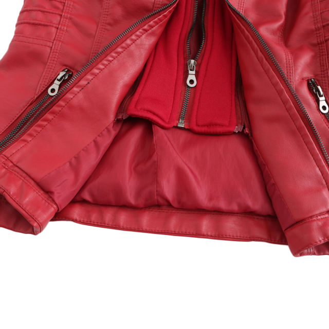Red Removable Hooded Washed PU Leather Jacket TQK280096-3