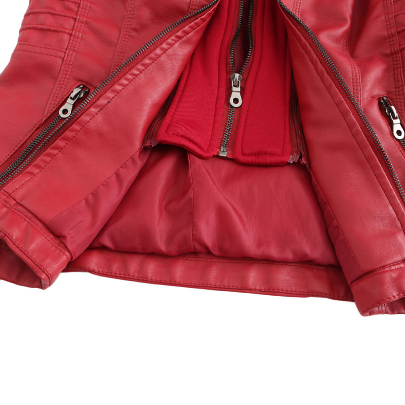 Red Removable Hooded Washed PU Leather Jacket TQK280096-3