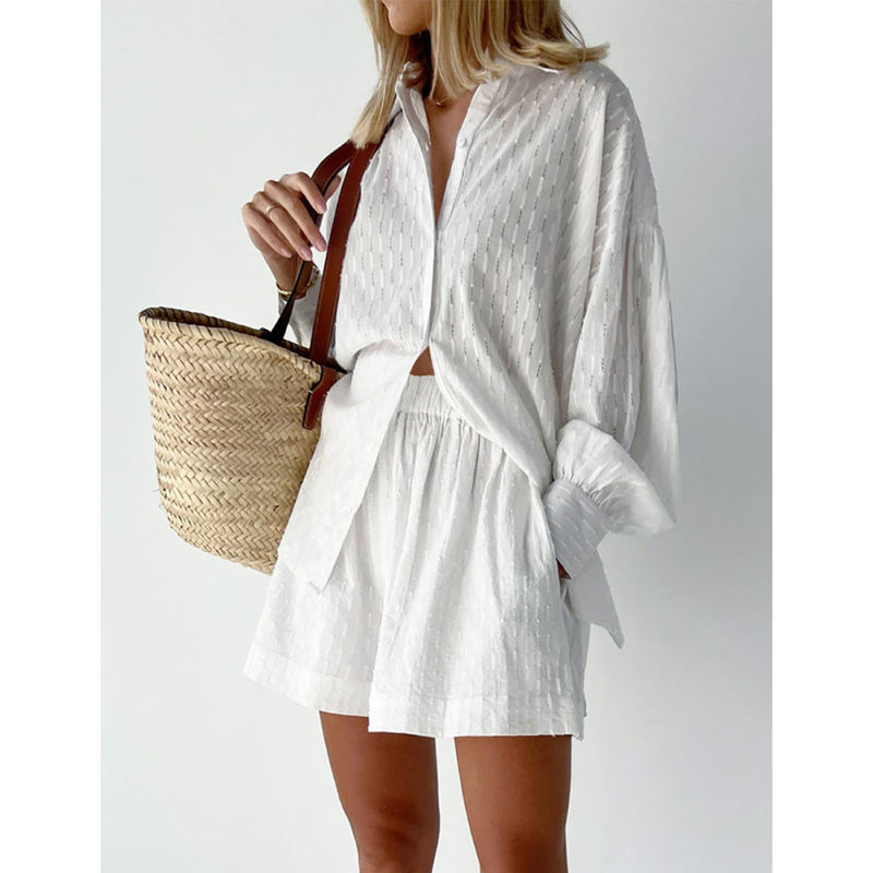 White Hollow-out Jacquard Long Sleeve Shirt with Shorts Set TQF711040-1