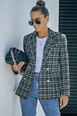 Black Lapel Collar Plaid Tweed Double Breasted Blazer LC852400-2