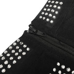 Black Mesh Rhinestone Beading Padded Long Sleeve Dress TQK311127-2