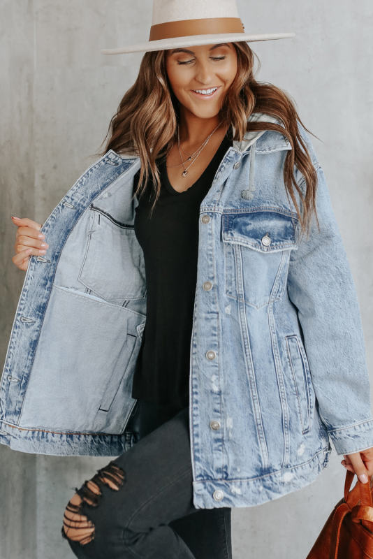 Sky Blue Button Closure Ripped Hooded Denim Jacket LC788143-4