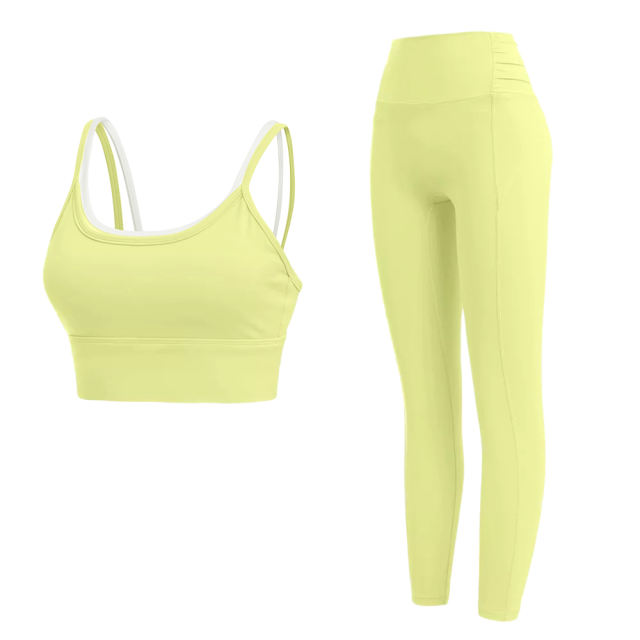 Yellow Fake Two-pieces Bra with Pant Yoga Set TQE91350-7
