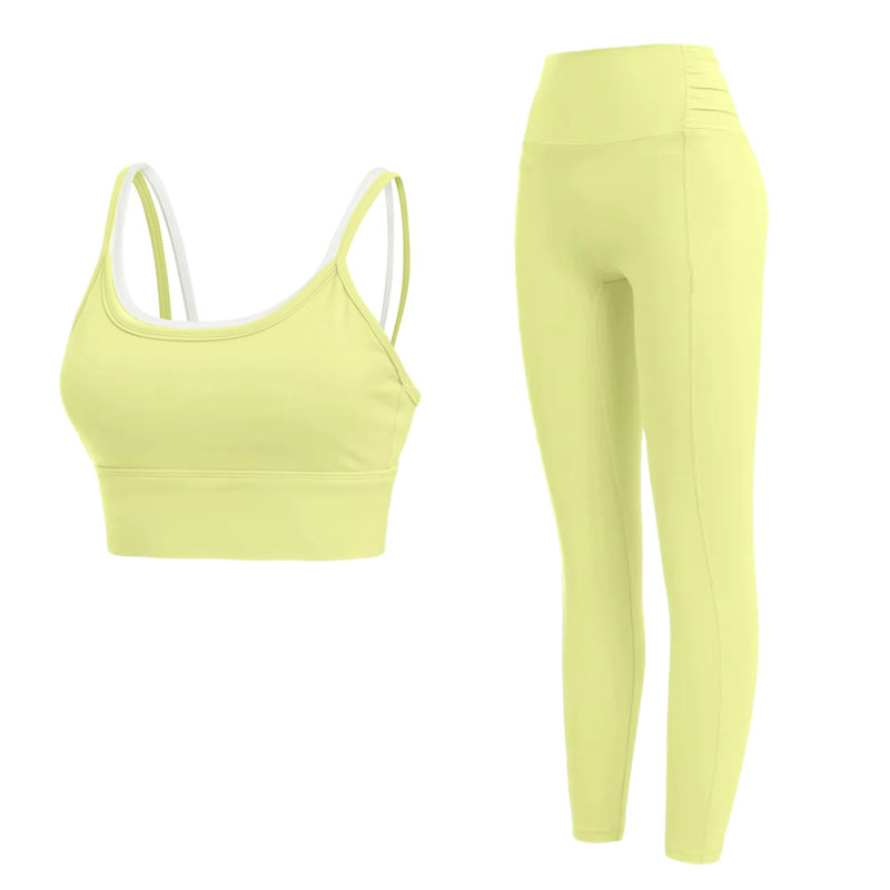 Yellow Fake Two-pieces Bra with Pant Yoga Set TQE91350-7