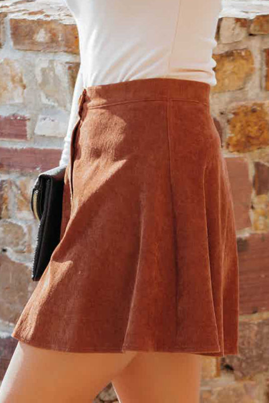 Brown Button Front Corduroy Mini Skirt LC721094-17