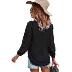 Black V Neck Chiffon Long Sleeve Blouse TQK210640-2