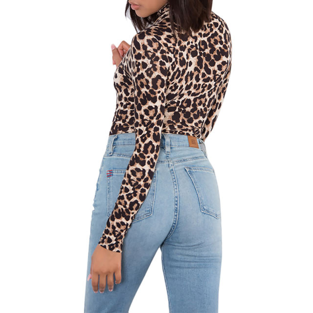 Coffee Leopard Print Turtleneck Bodysuit TQK00228-15