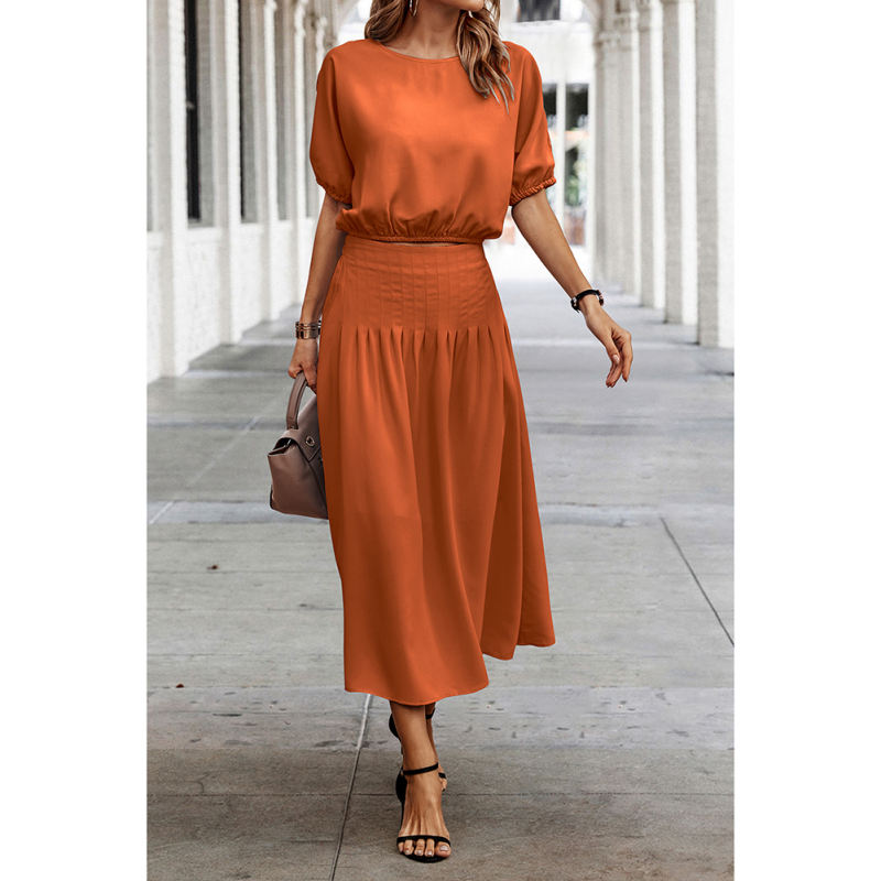 Orange Pleated Crop Top with Skirt Set TQX711094-14