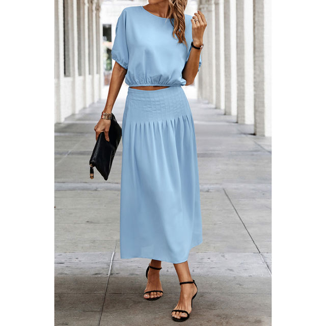 Light Blue Pleated Crop Top with Skirt Set TQX711094-30