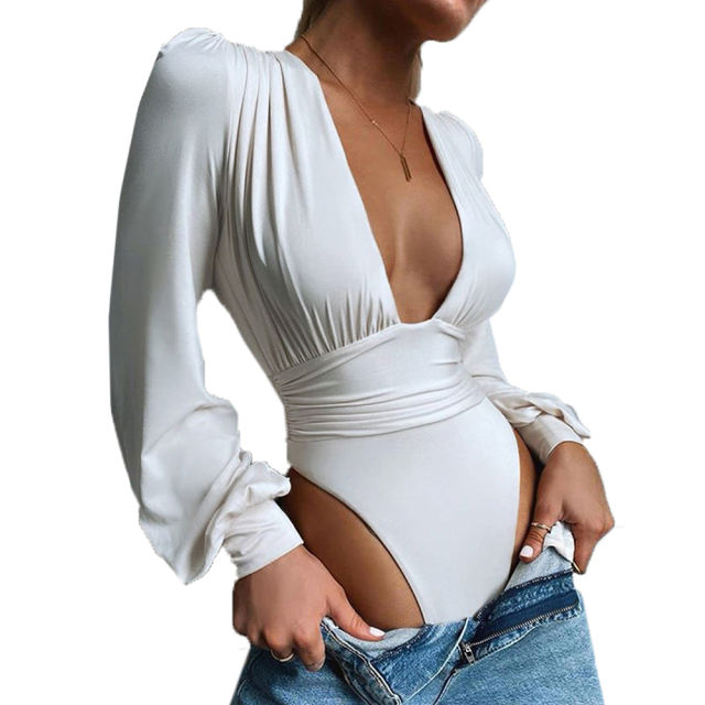 White Deep V Neck Pleated Long Sleeve Bodysuit TQK550214-1