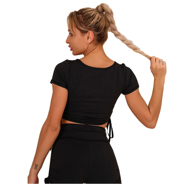 Black Sides Drawstring Short Sleeve Yoga Short Set TQK710241-2