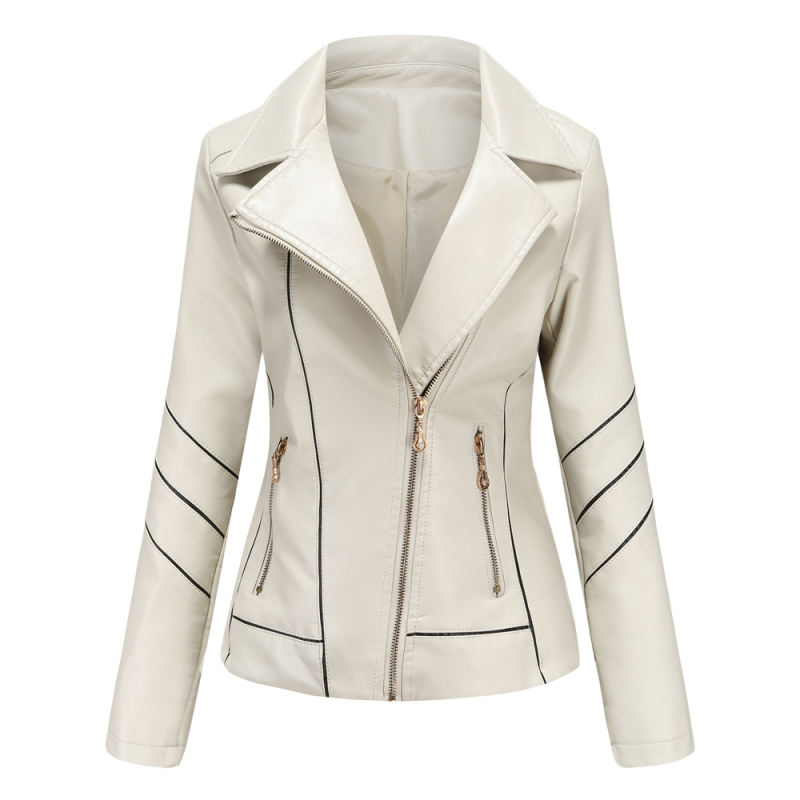 Beige Turn Down Slim Fit PU Leather Jacket TQK280095-46