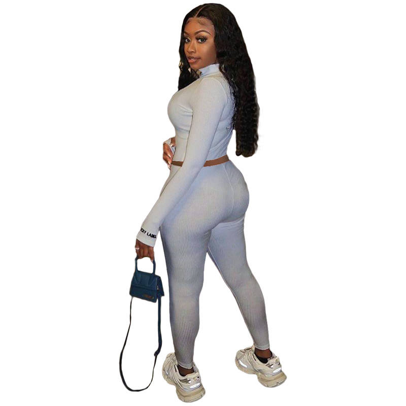 Gray Cotton Blend Zipper Datail Long Sleeve Top with Pant Set TQK710132-11