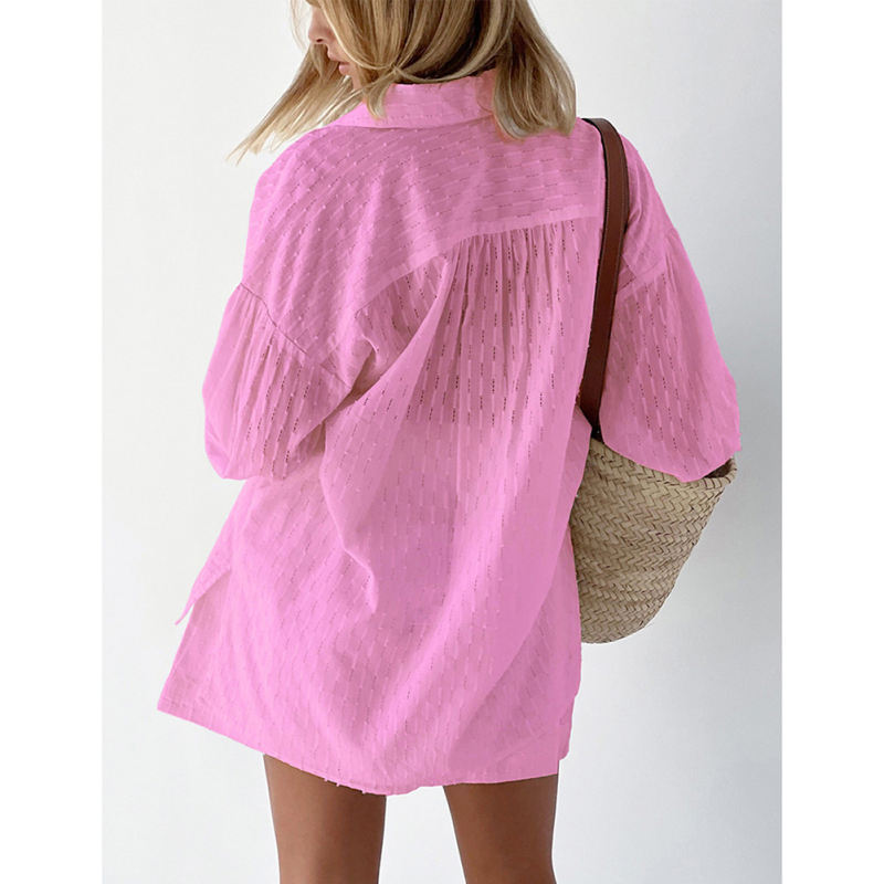 Pink Hollow-out Jacquard Long Sleeve Shirt with Shorts Set TQF711040-10