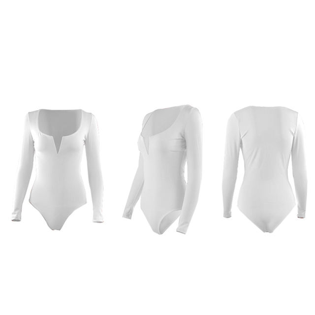 White Deep V Long Sleeve Bodysuit TQK550156-1