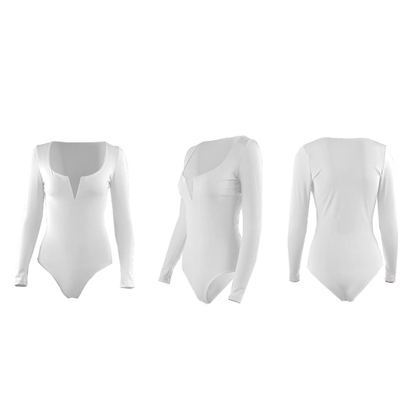 White Deep V Long Sleeve Bodysuit TQK550156-1