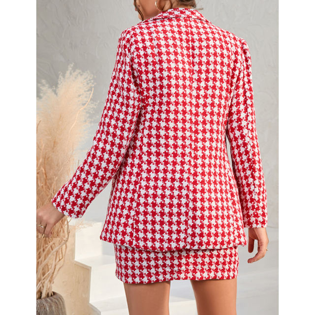 Red Plaid Print Blazer and Button Split Skirt Set TQF711046-3