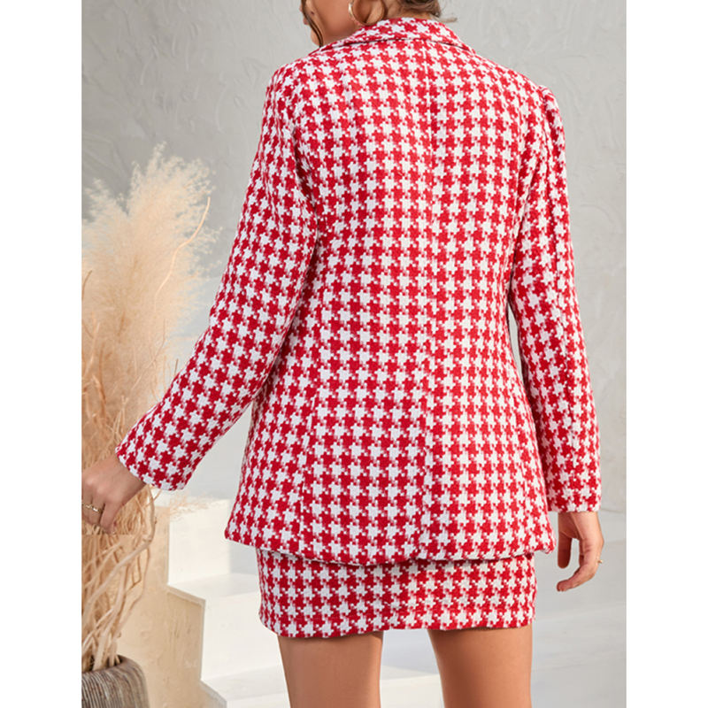 Red Plaid Print Blazer and Button Split Skirt Set TQF711046-3