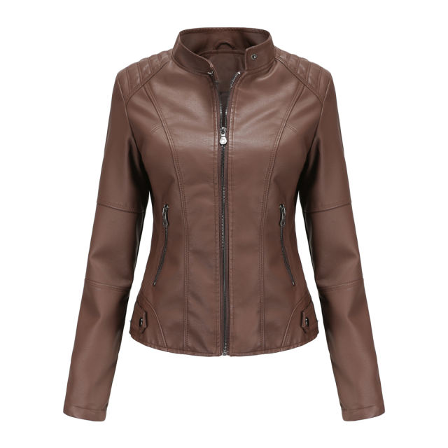 Coffee Slim Fit Stand Collar PU Motorcycle Jacket TQK280091-15