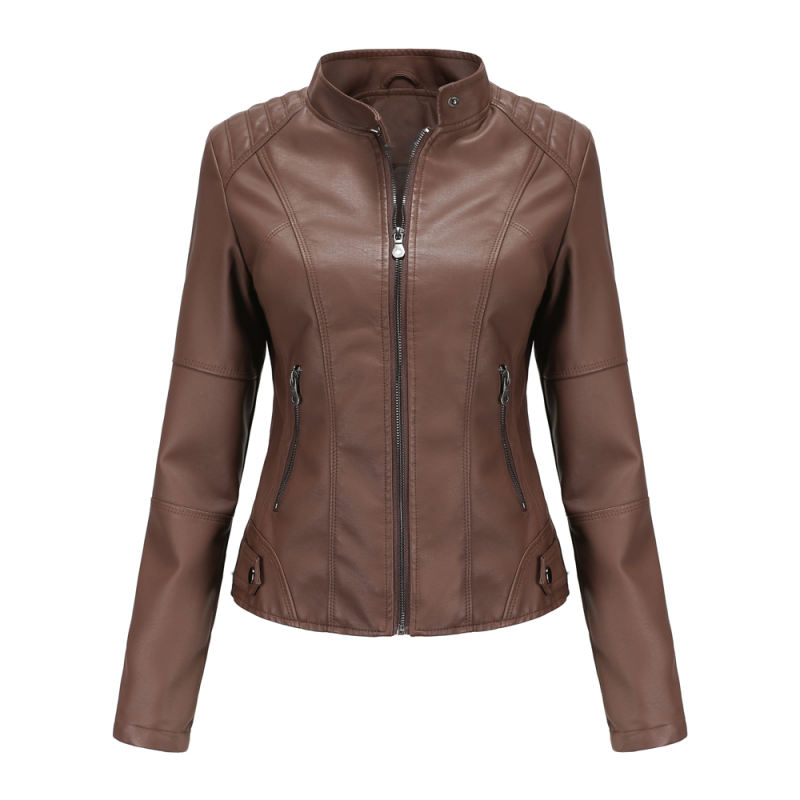 Coffee Slim Fit Stand Collar PU Motorcycle Jacket TQK280091-15