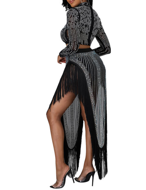 Black Rhinestone Long Sleeve Crop Tops and Tassels Skirt Set TQV810016-2