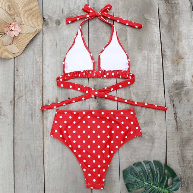 Red Polka Dot Halter 2pcs Bikini Swimsuit