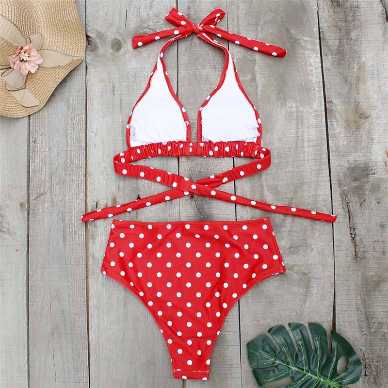 Red Polka Dot Halter 2pcs Bikini Swimsuit