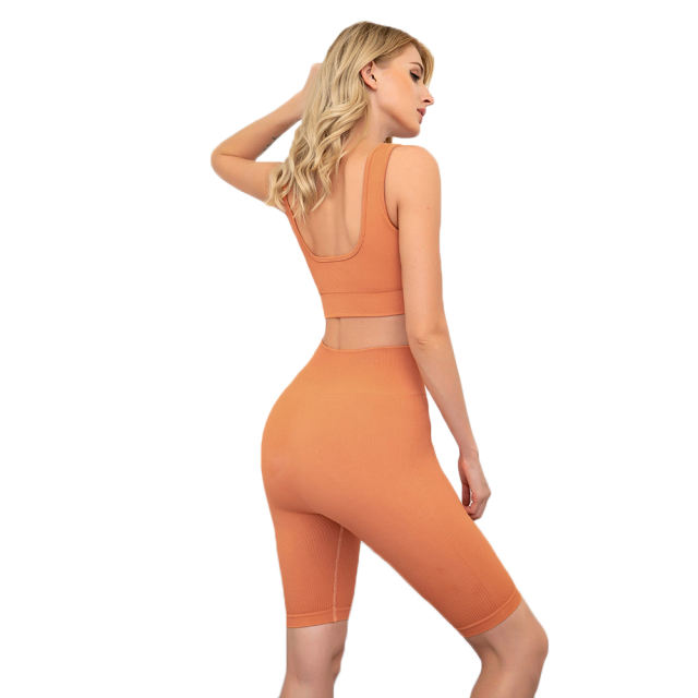 Orange Seamless Knit Yoga Bra with Shorts Set TQK710237-14