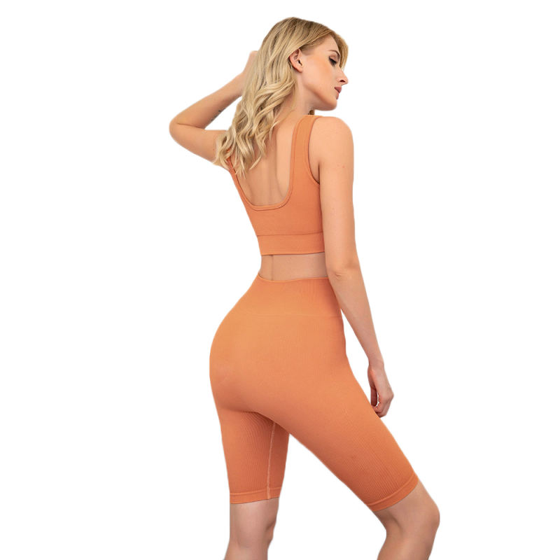 Orange Seamless Knit Yoga Bra with Shorts Set TQK710237-14