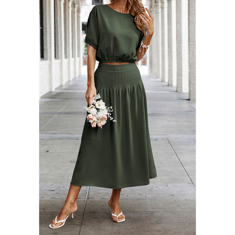 Army Green Pleated Crop Top with Skirt Set TQX711094-27