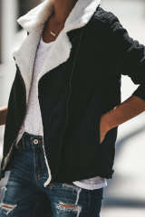 Black Fold Over Collar Zipper Plain Jacket LC85302-2