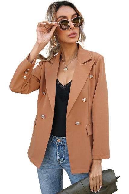 Brown Double Breasted Lapel Long Sleeve Blazer LC8511716-17