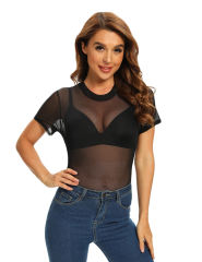 Black Short Sleeve Sheer Mesh Bodysuit TQF00004-2