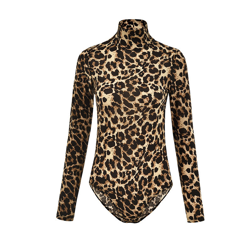 Coffee Leopard Print Turtleneck Bodysuit TQK00228-15