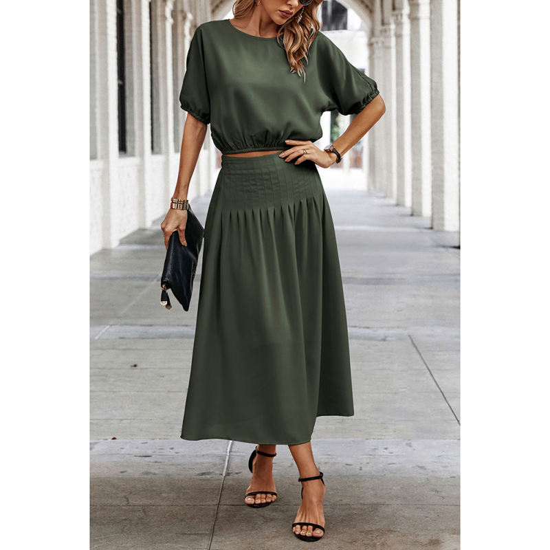 Army Green Pleated Crop Top with Skirt Set TQX711094-27