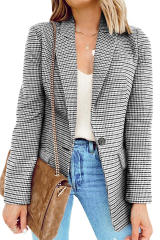 Black Plaid Print Lapel Collar Buttoned Blazer LC852187-2