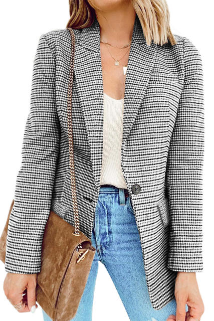 Black Plaid Print Lapel Collar Buttoned Blazer LC852187-2