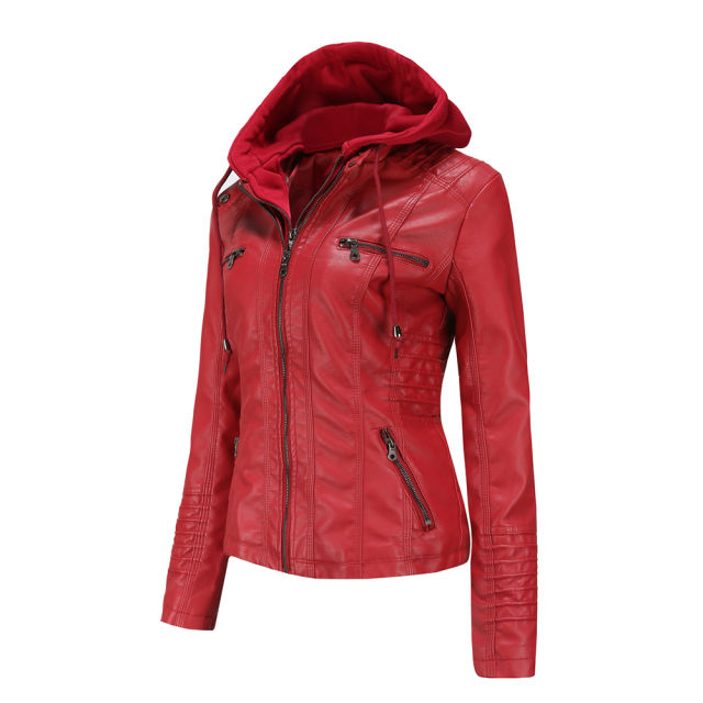 Red Removable Hooded Washed PU Leather Jacket TQK280096-3