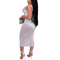 White Mesh Rhinestone Plus Size Sling Dress TQK310775-1