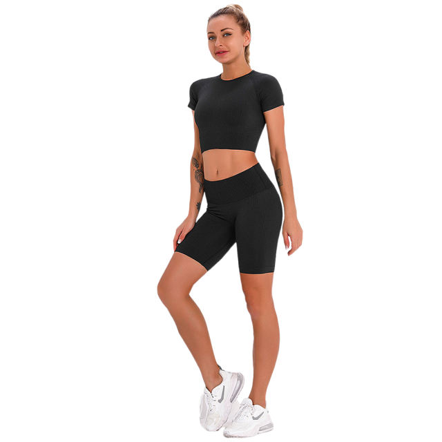 Black Seamless Short Sleeve Yoga Sports Set TQE00138-2